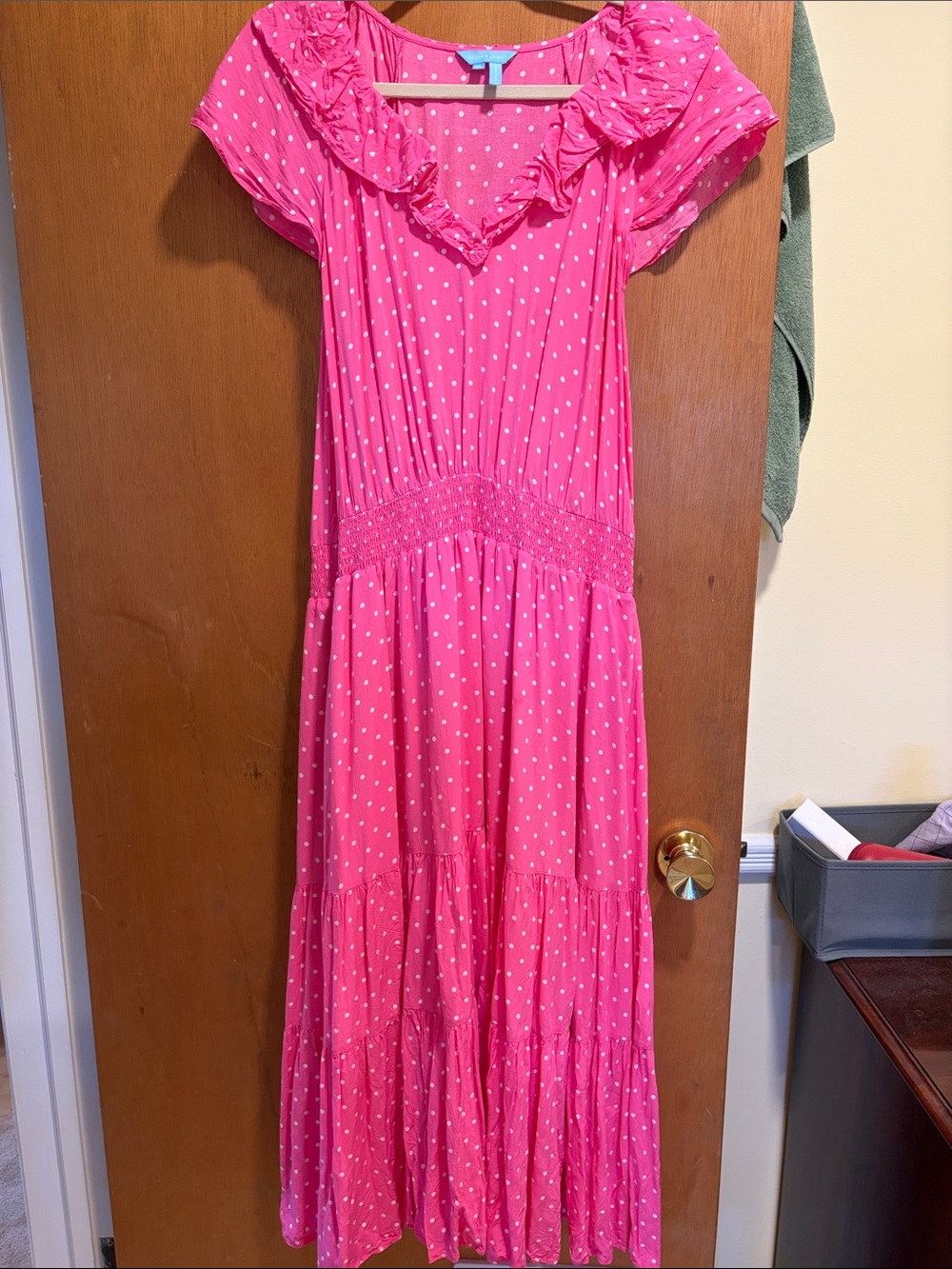 Draper James Pink Polka Dot Ruffle Maxi Dress